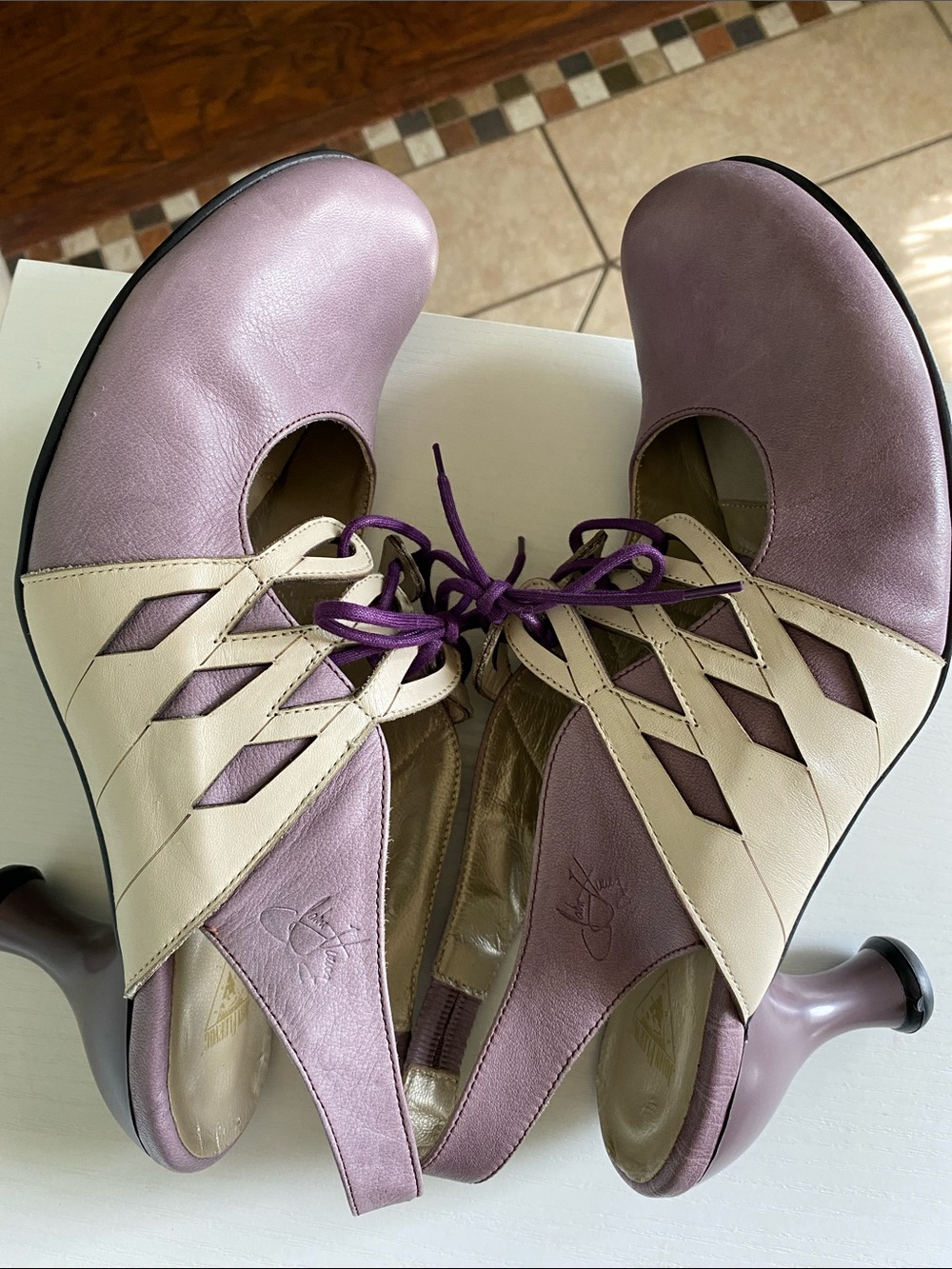 John Fluevog Purple and Cream Lace-Up Slingback Heels - Picture 7 of 8